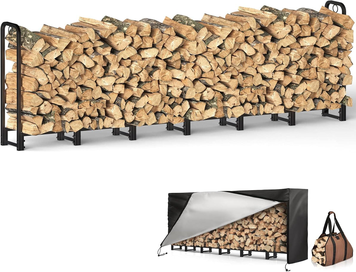 Black Adjustable Firewood Rack with Waterproof Cover Q948742