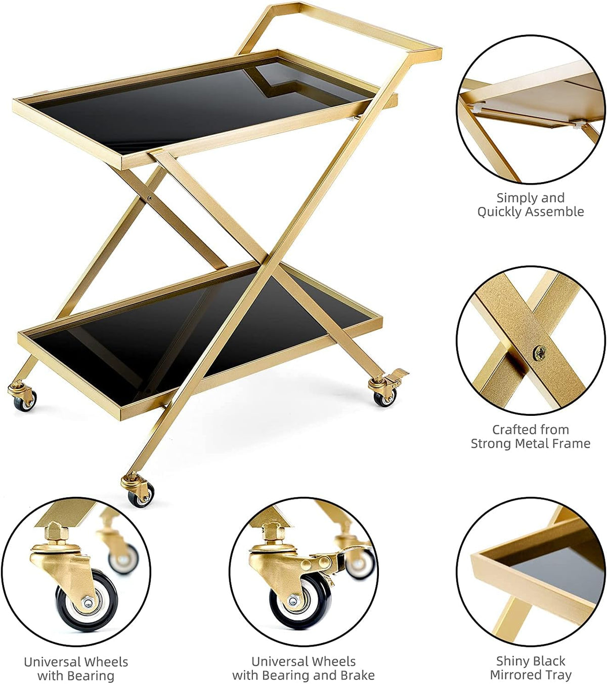 Black Gold 2-Tier Rolling Bar Cart Q48975