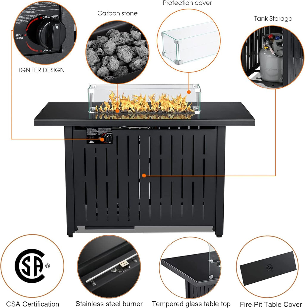 43 Inch 60,000 BTU Propane Gas Fire Pit Table with Glass Wind Guard G18557