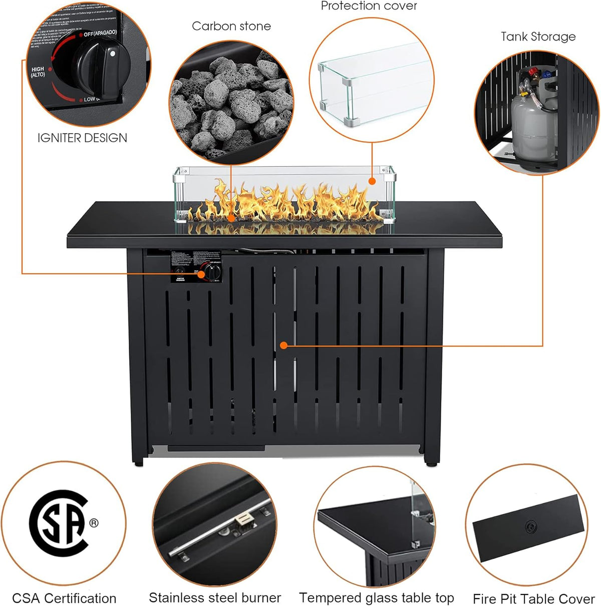 43 Inch 60,000 BTU Propane Gas Fire Pit Table with Glass Wind Guard G18557