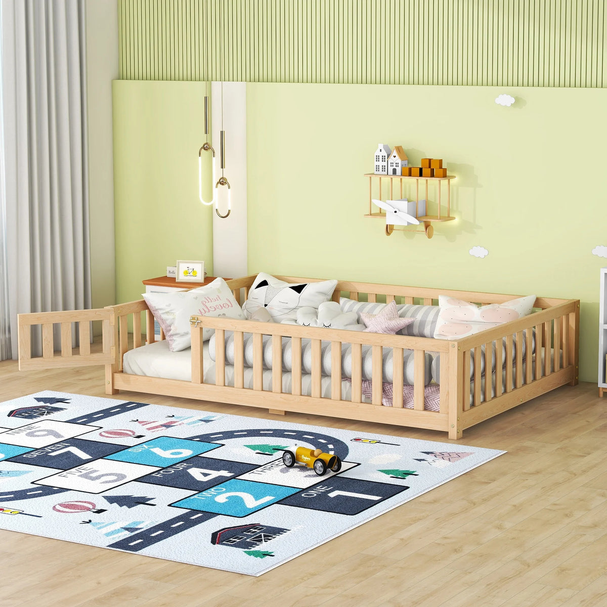 Twin Size Wood Floor Bed with Guardrails and Door M36054