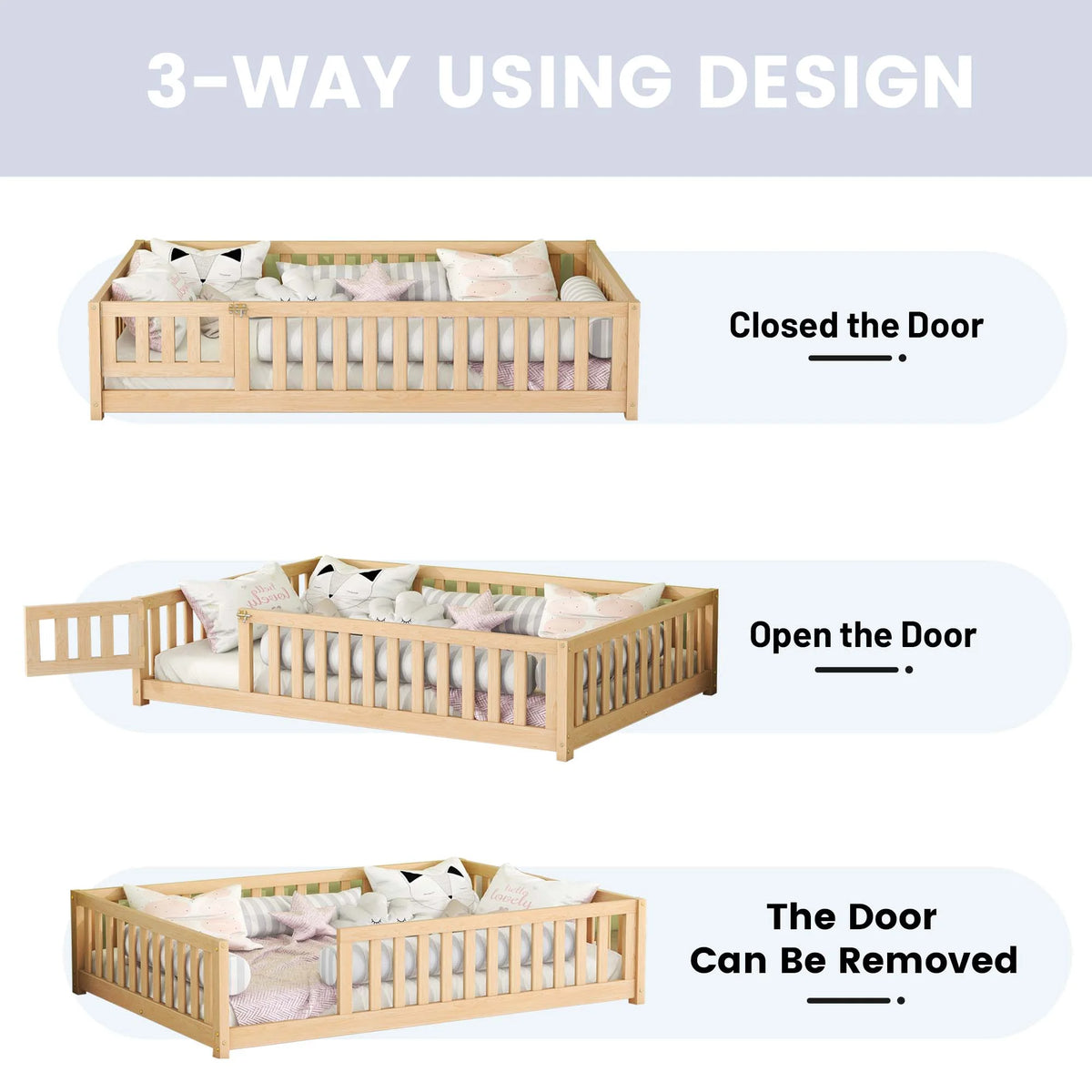 Twin Size Wood Floor Bed with Guardrails and Door M36054