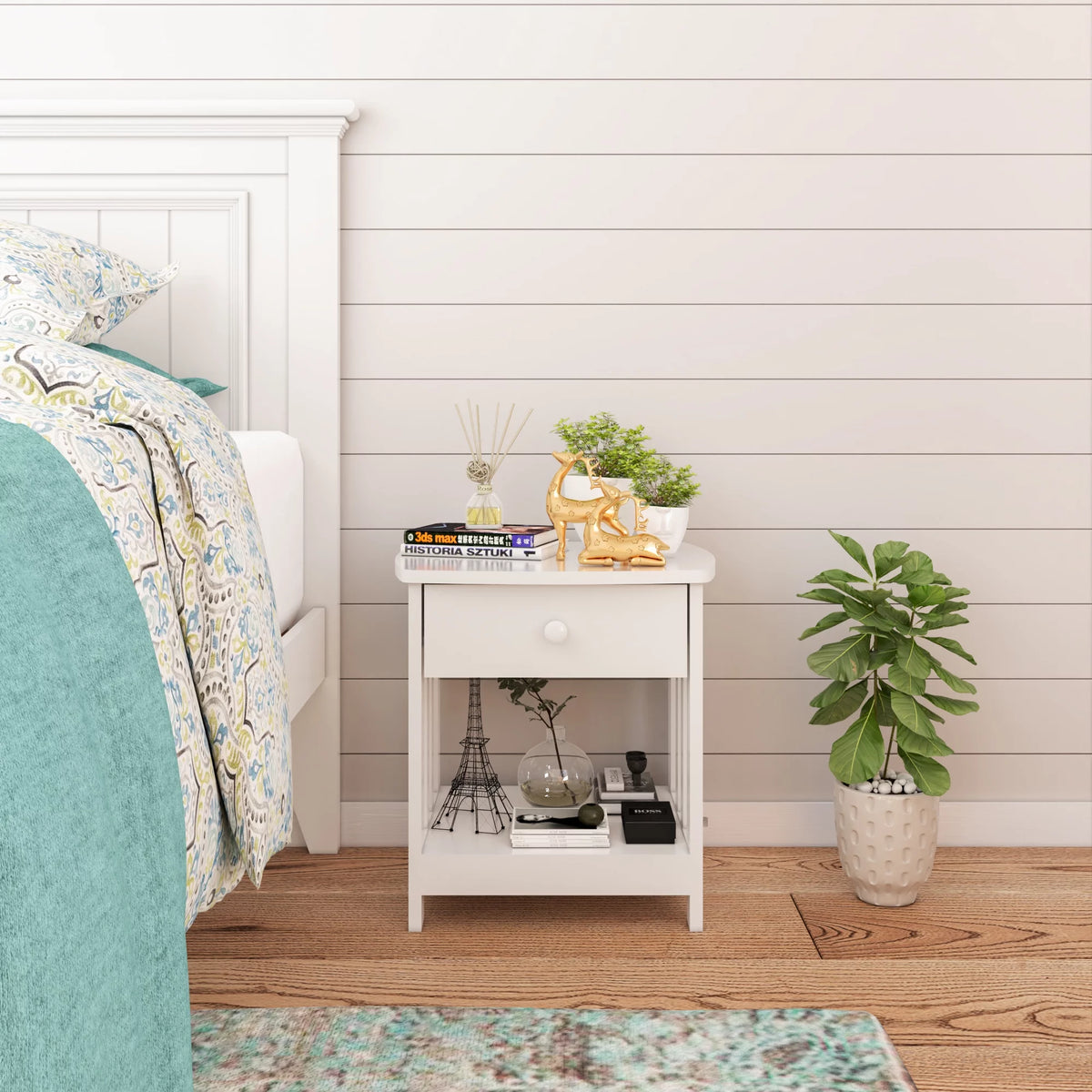 White 1 Drawer Solid Wood Side Table G41526