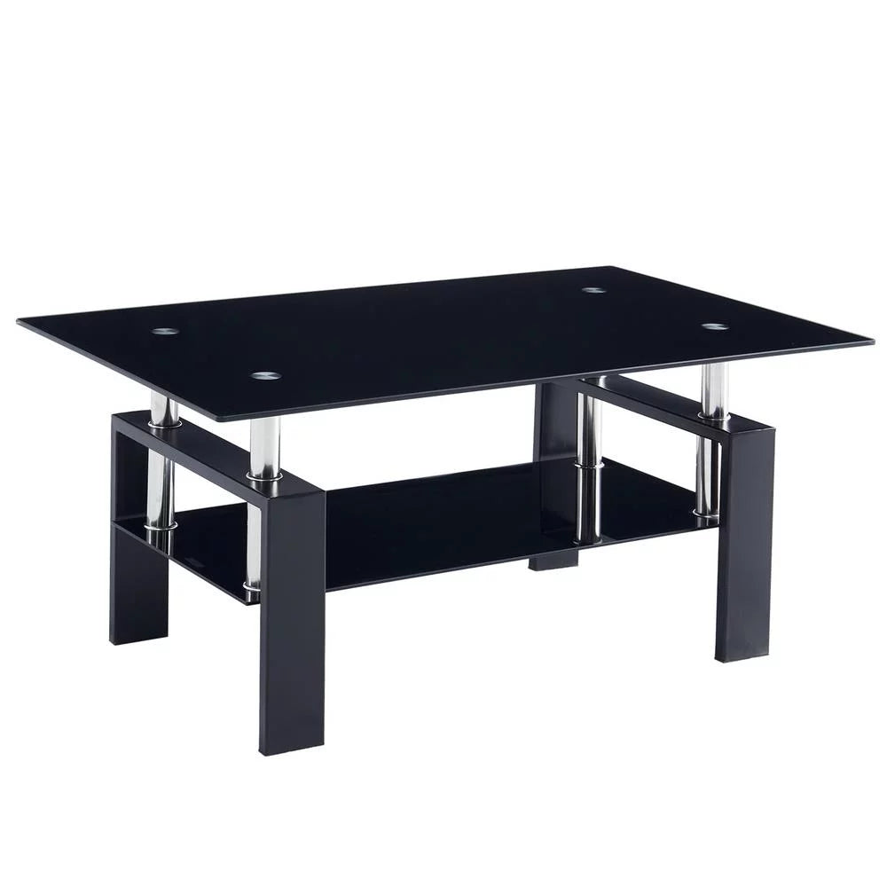 Rectangle Glass Coffee Table with Lower Shelf Metal Legs Z88644