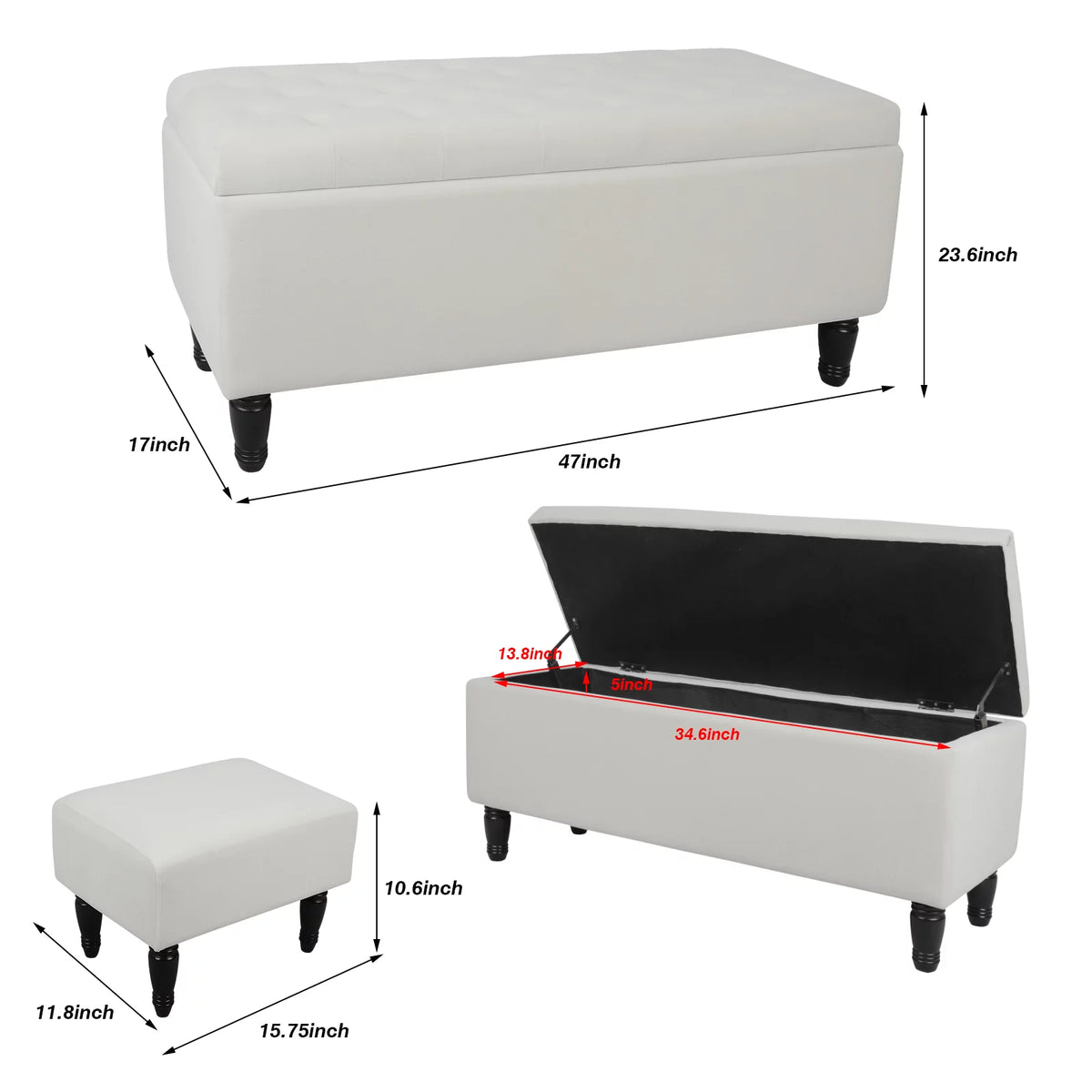 43" Velvet Storage Ottoman with 2 Footstools S5226