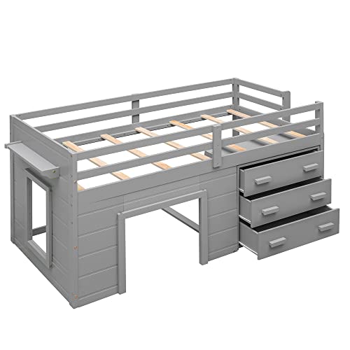 White Full Size Wood Loft Bed with Slide and Drawer Storage T708