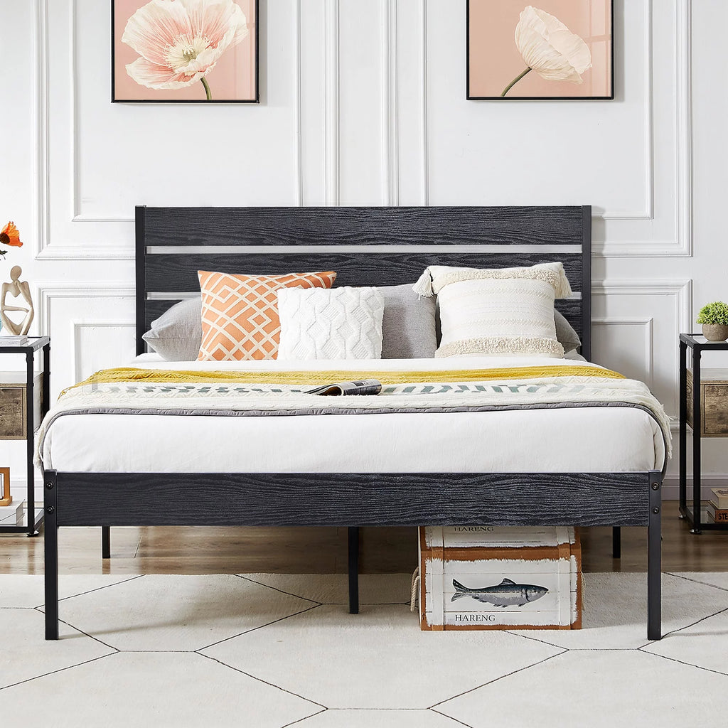 Queen Bed Frame with Wooden Headboard and Metal Slats Q109