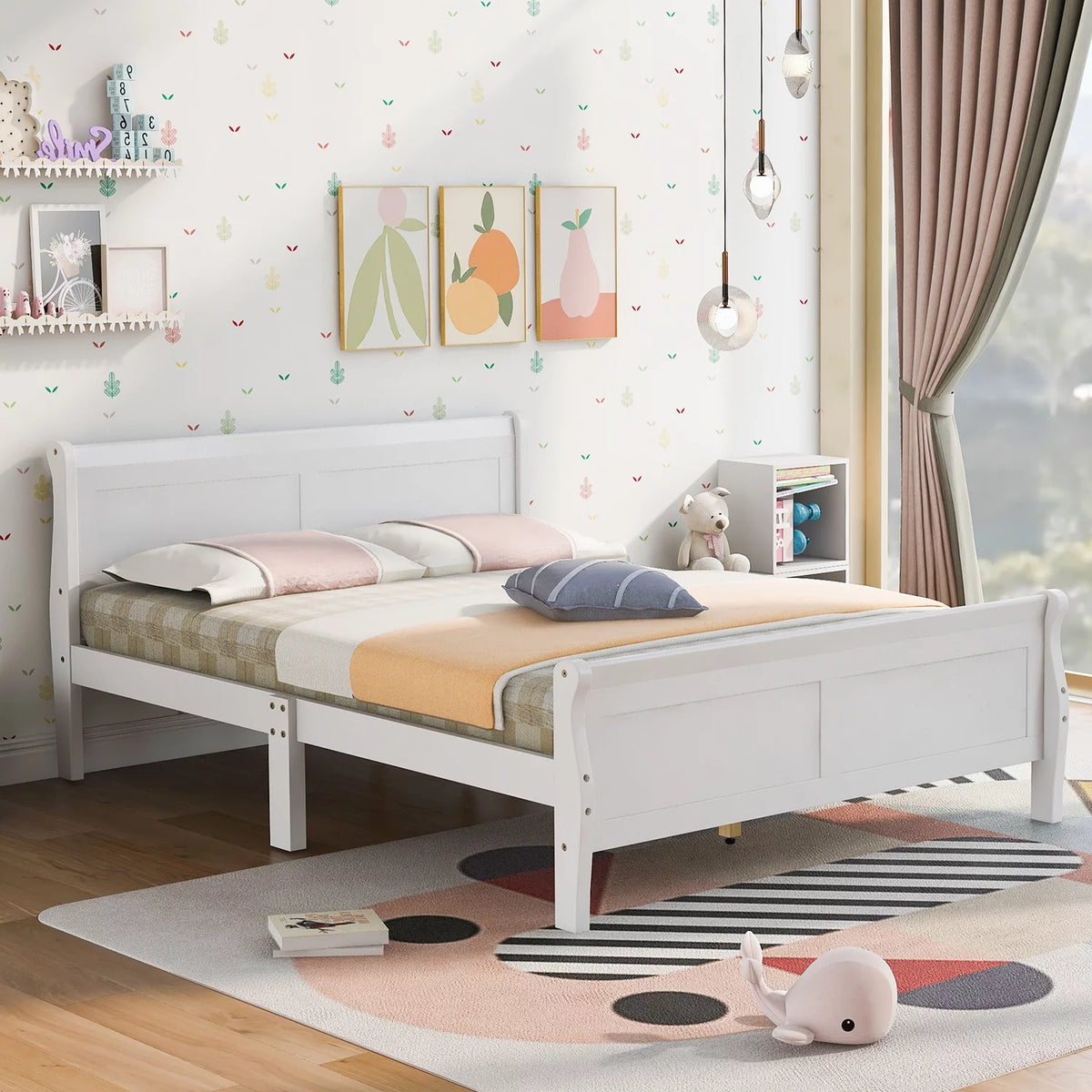 White Full Size Platform Bed Frame with Wood Headboard and Footboard G630768