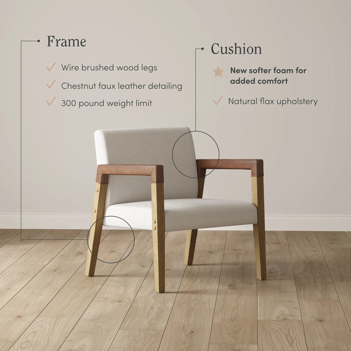 Natural Flax Upholstered Accent Chair with Arms F58167