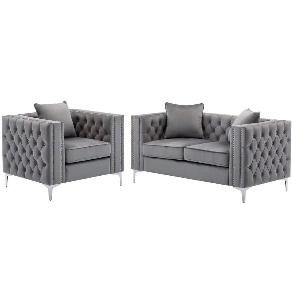 2 Piece Velvet Loveseat and Chair Set in Gray A4261