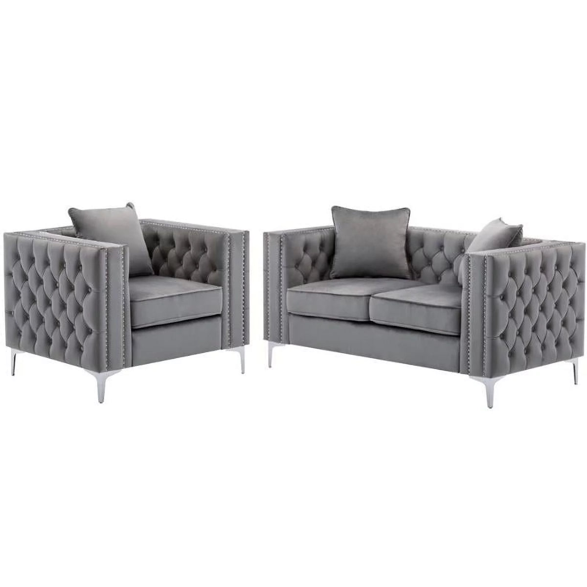 2 Piece Velvet Loveseat and Chair Set in Gray A4261