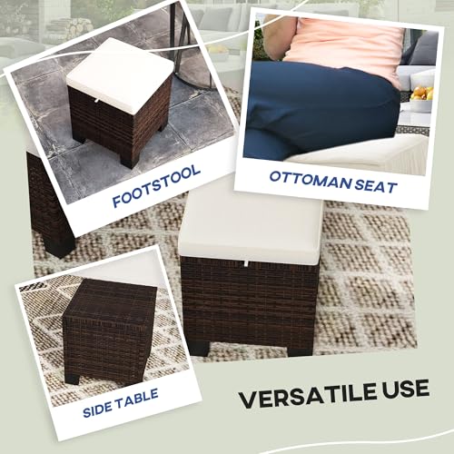 2 Pieces Cream White Wicker Outdoor Ottomans with Removable Cushions J549885