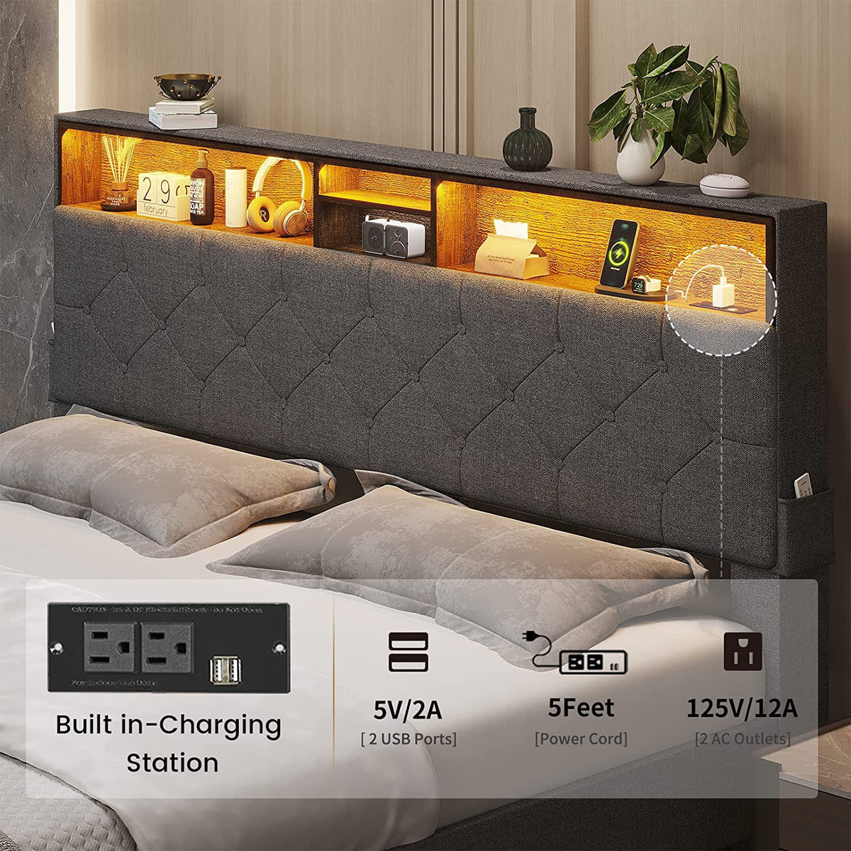 Full Size Platform Bed Frame with LED Headboard, Outlets and USB Ports, Dark Grey E154