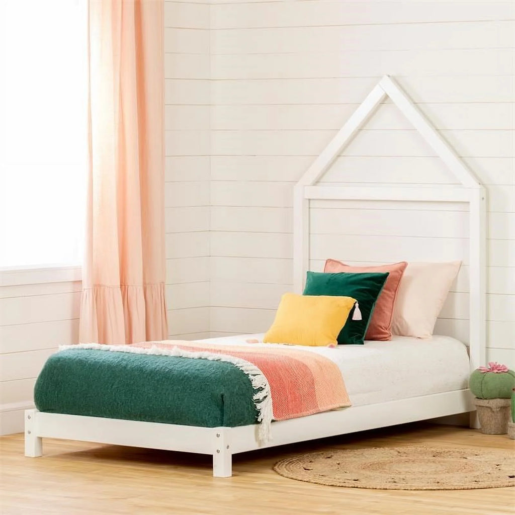 White Wood Bed with House Frame Headboard L222974