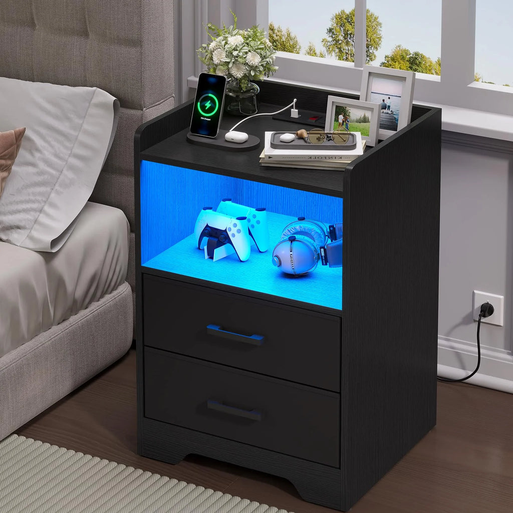 Black Set of 2 Nightstand with Outlets USB Ports LED Lights and 2 Fabric Drawers B529