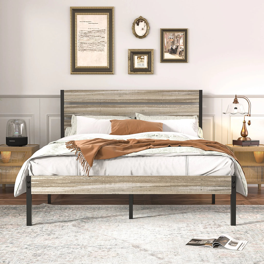 Queen Bed Frame with Wooden Headboard and Metal Slats Q109