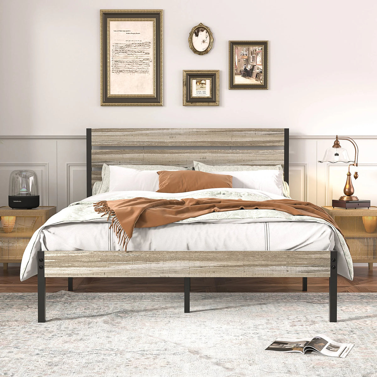 Queen Bed Frame with Wooden Headboard and Metal Slats Q109