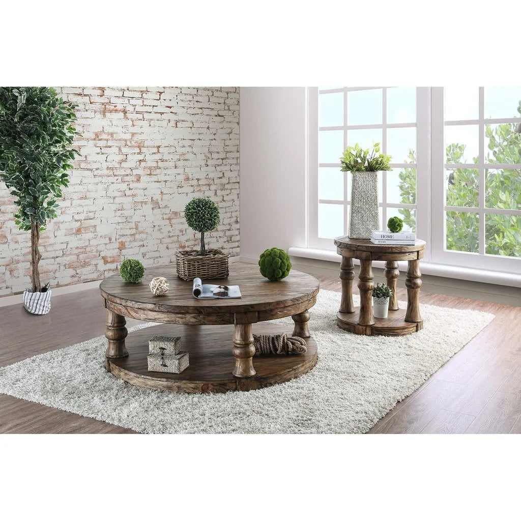 Round Wooden End Table with Open Shelf Antique Oak F27483