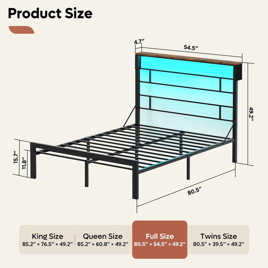 Queen Size Black Metal Platform Bed Frame with Storage Headboard R9333