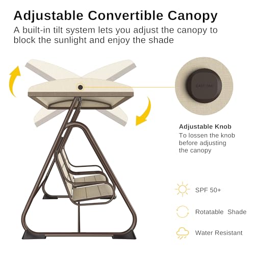 3-Person Outdoor Porch Swing with Adjustable Canopy, Charcoal Black I5878