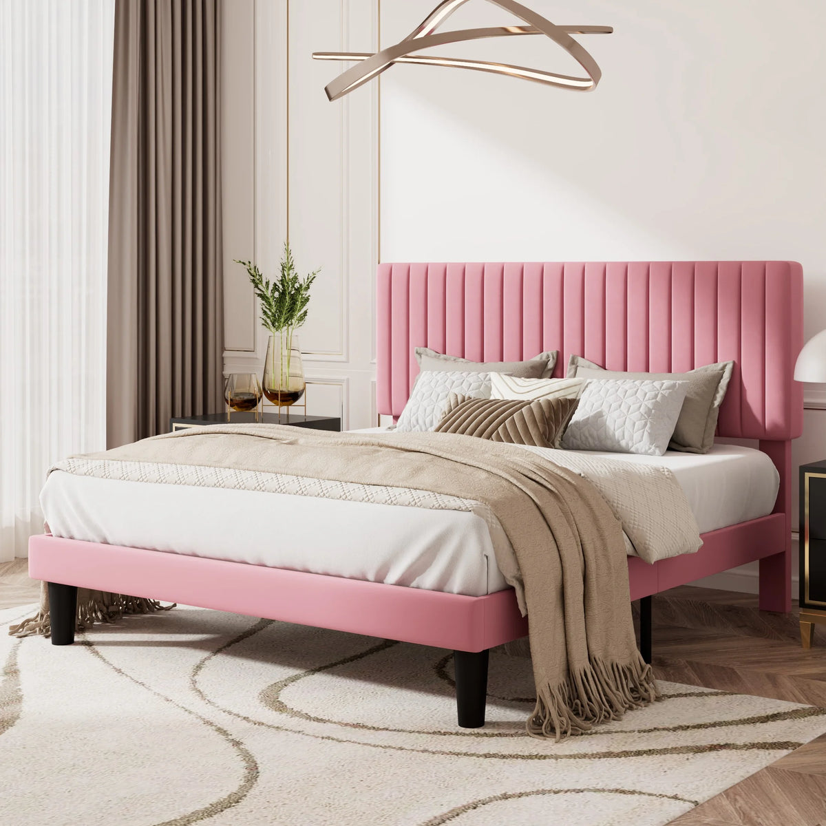 Queen Size Upholstered Platform Bed Frame with Velvet Headboard Q309355
