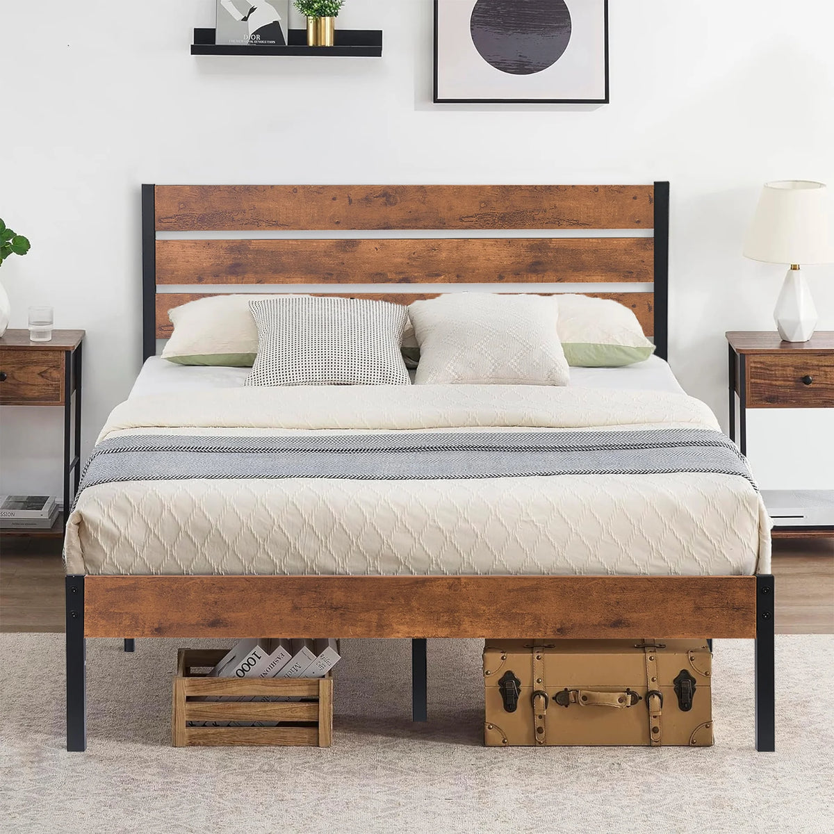 Queen Bed Frame with Wooden Headboard and Metal Slats Q109