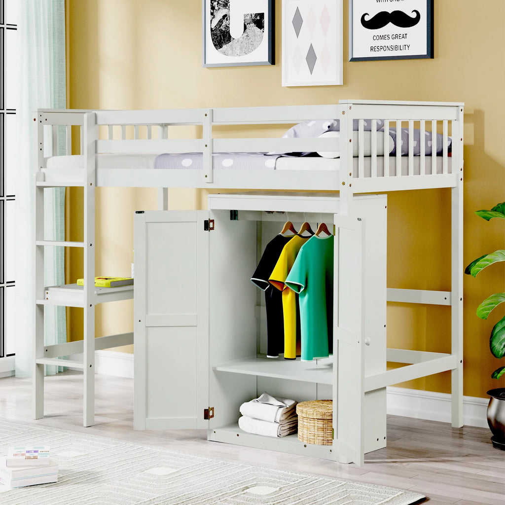 White Twin Loft Bed Frame with Desk and Wardrobe G68091