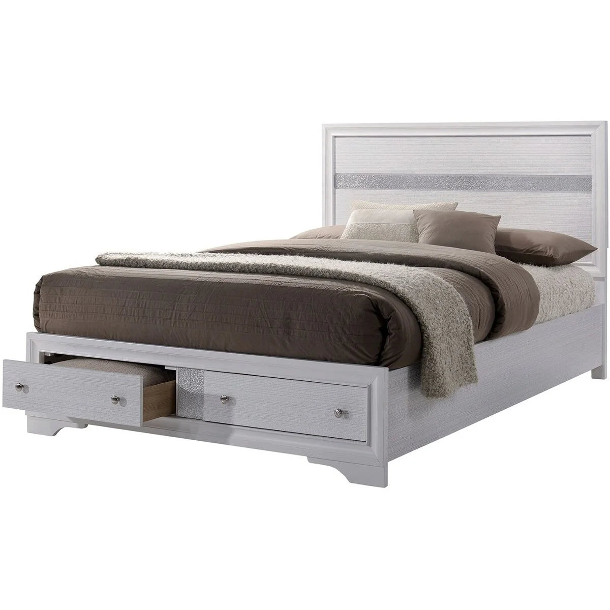 White Panel Design Eastern King Bed with Silver Accents N5370