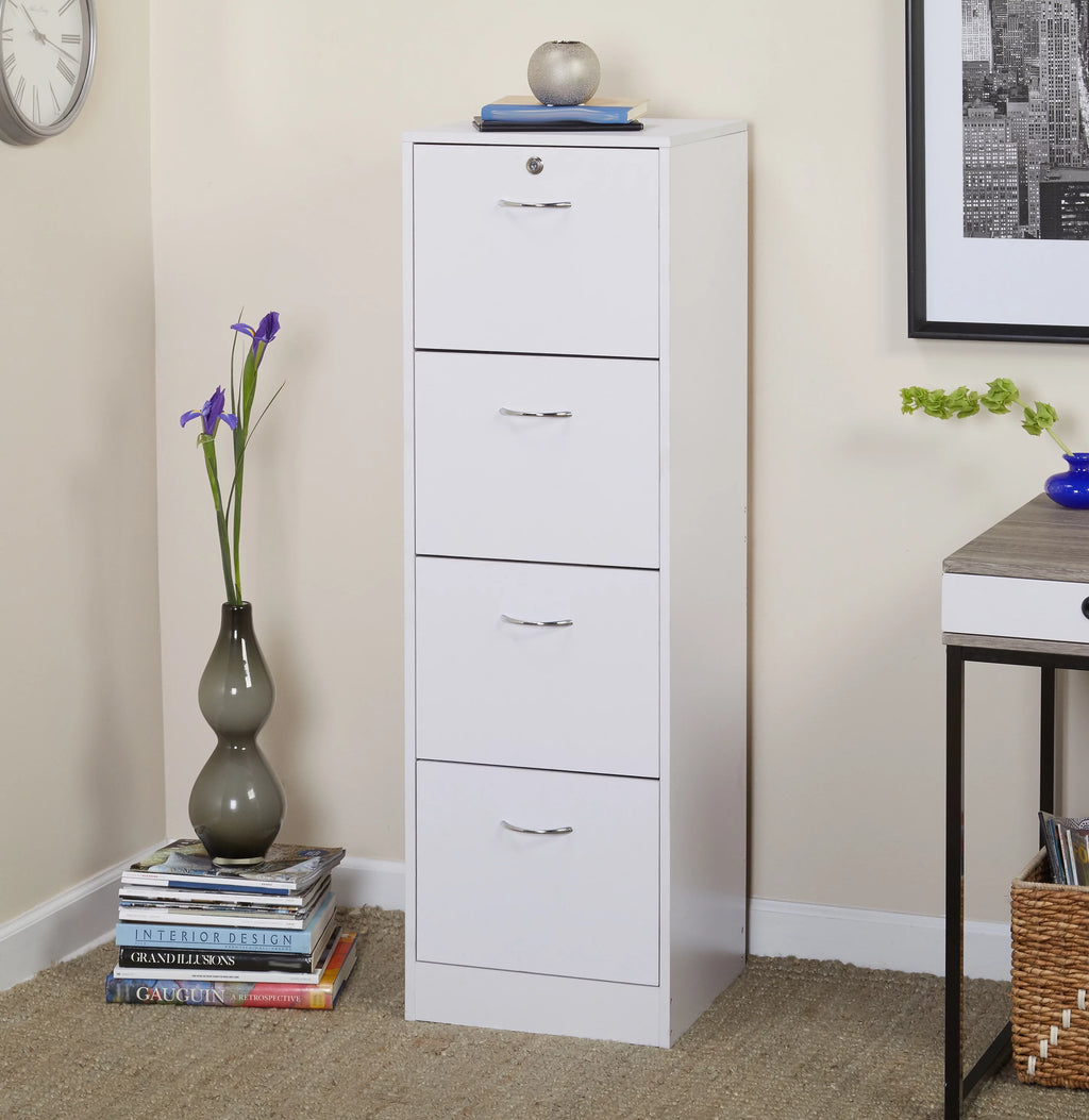 White 4 Drawer Wood Lockable Filing Cabinet F21052