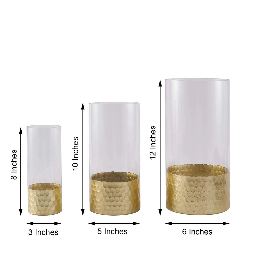 Set of 3 Glass Cylinder Vases with Gold Honeycomb Base W42653