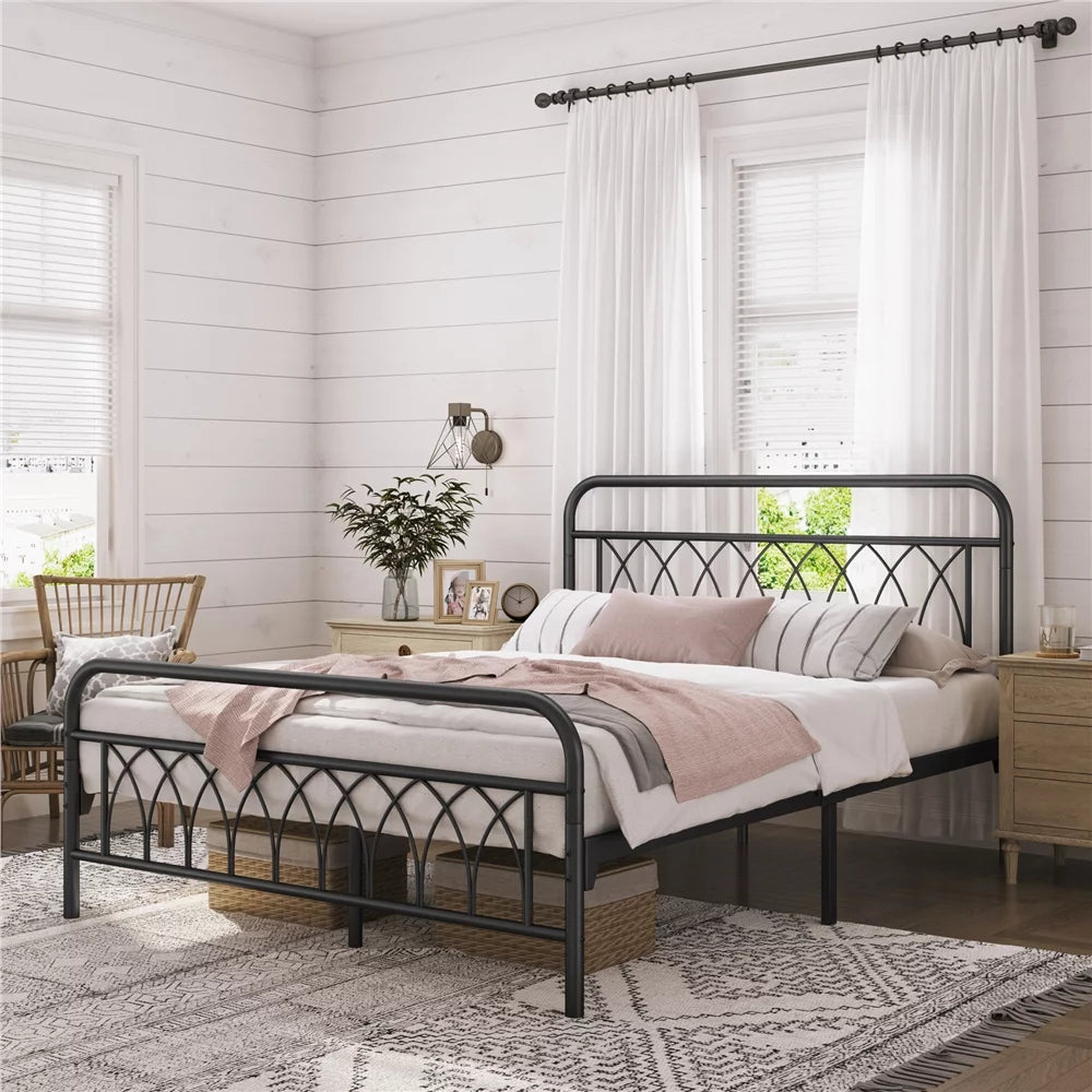 Metal Platform Bed Frame with Headboard and Footboard, Twin, Antique Gold E114