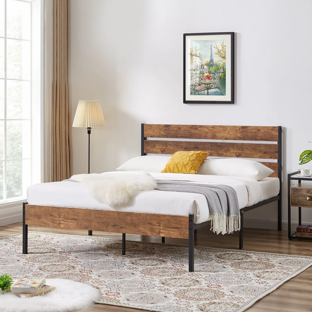 Queen Bed Frame with Wooden Headboard and Metal Slats Q109