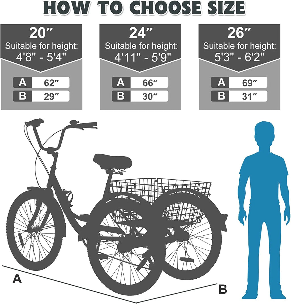 20/24/26 inch Adult Tricycle 3 Wheel Bike with Cargo Basket B157