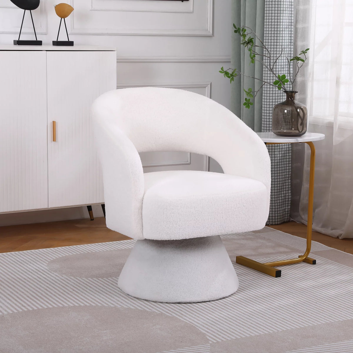 Swivel Accent Chair Armchair Teddy Fabric Upholstered Round Barrel Chair S1022