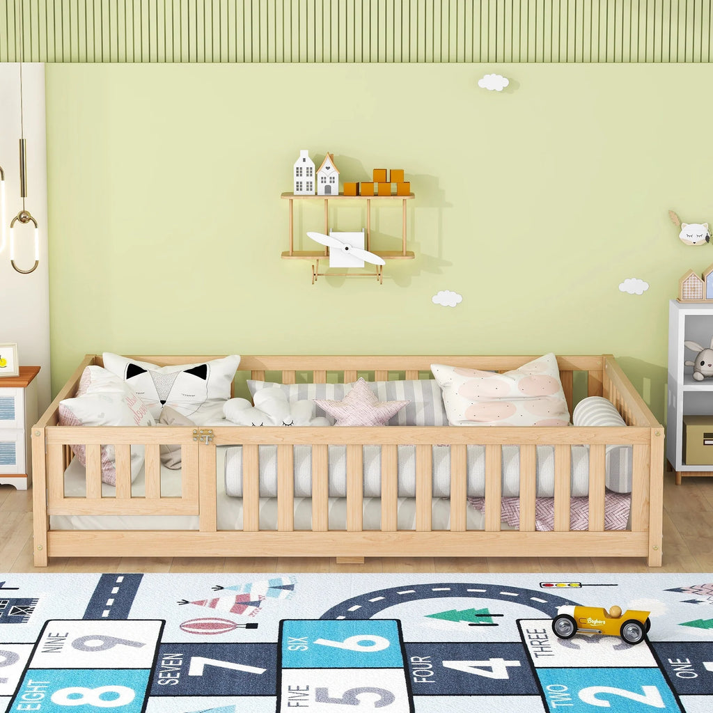 Twin Size Wood Floor Bed with Guardrails and Door M36054