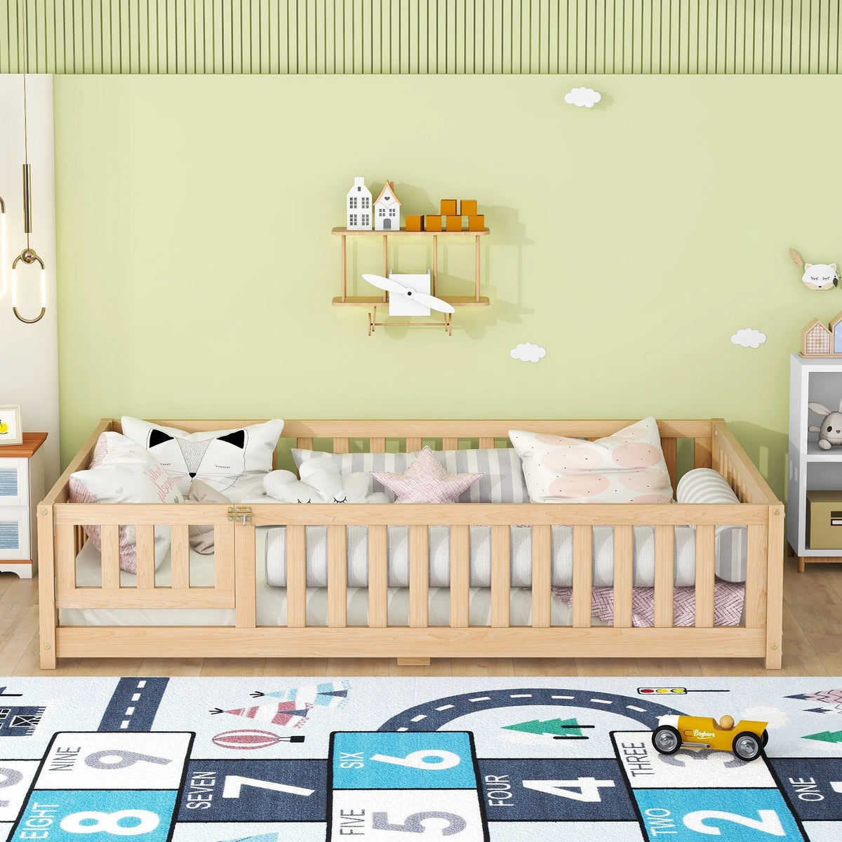 Twin Size Wood Floor Bed with Guardrails and Door M36054