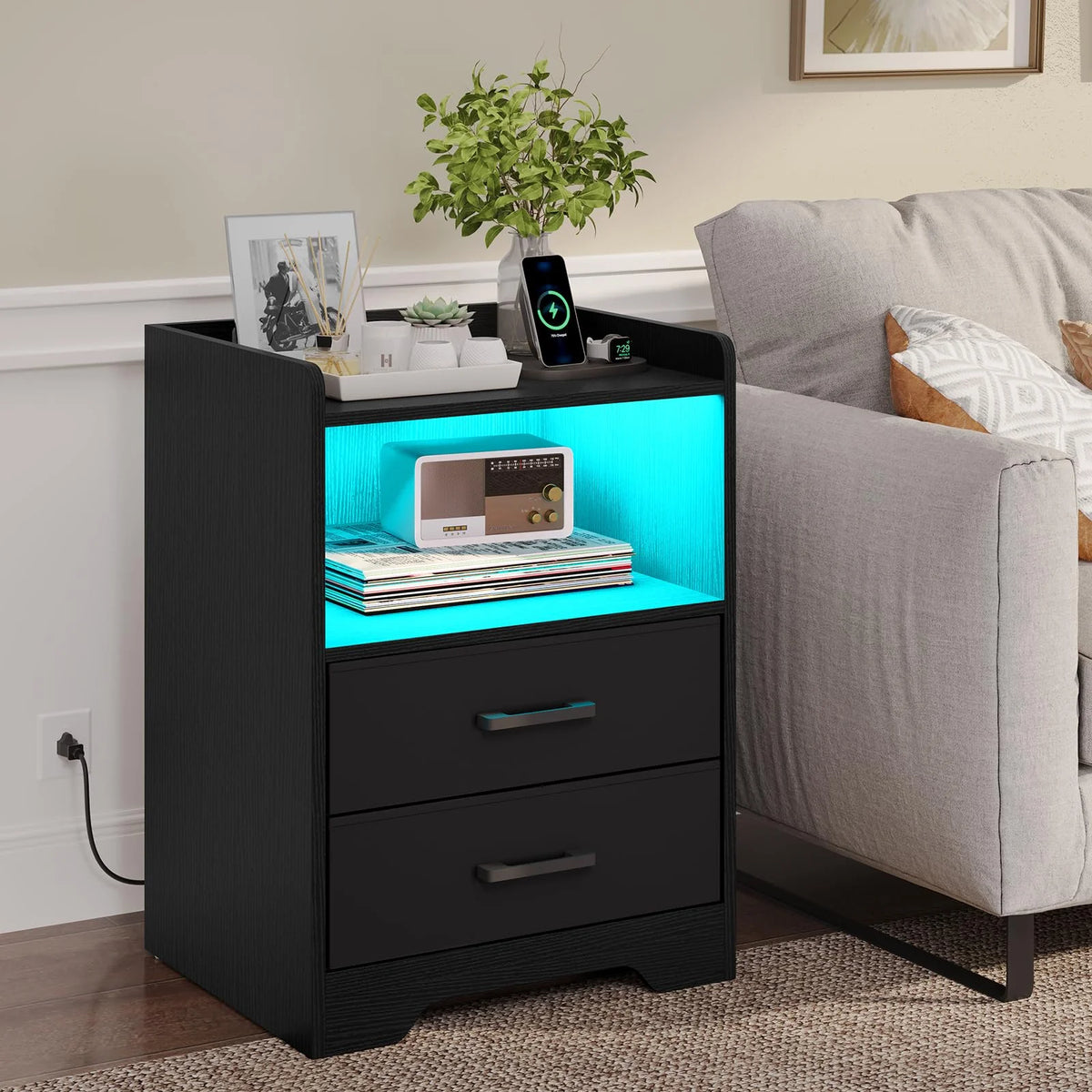 Black Set of 2 Nightstand with Outlets USB Ports LED Lights and 2 Fabric Drawers B529