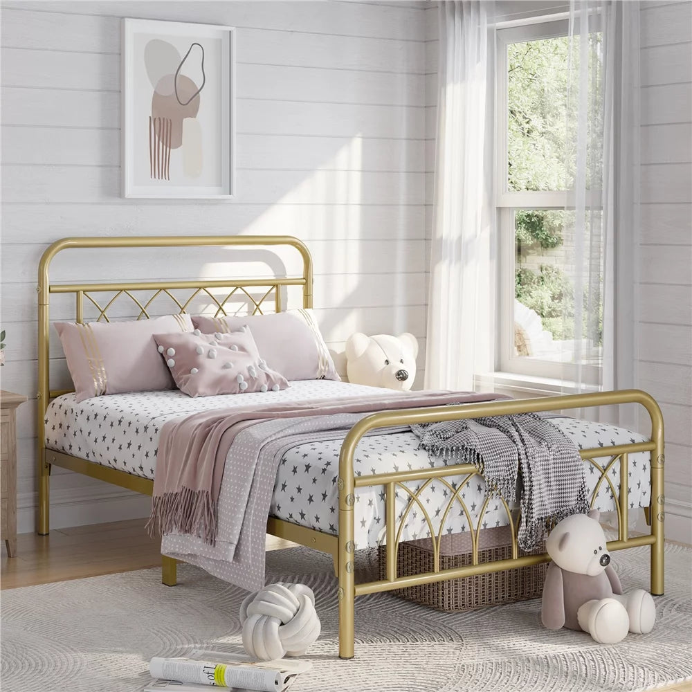 Metal Platform Bed Frame with Headboard and Footboard, Twin, Antique Gold E114