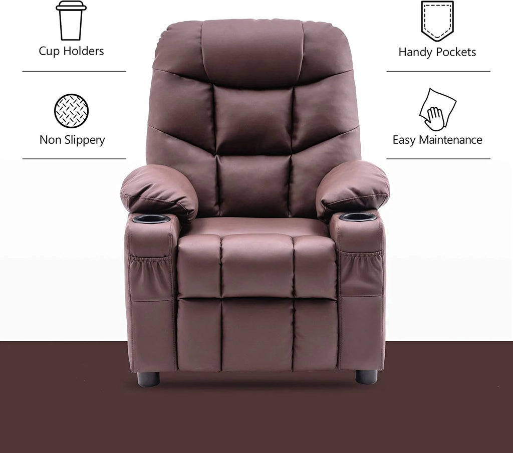 Light Brown Faux Leather Kids Recliner Chair with Cup Holders I6869