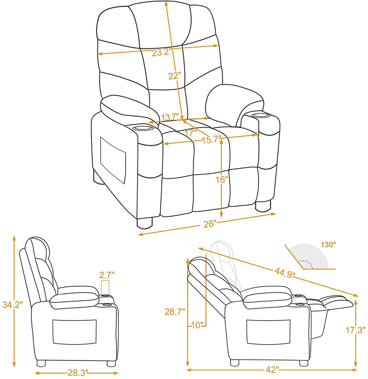 Light Brown Faux Leather Kids Recliner Chair with Cup Holders I6869