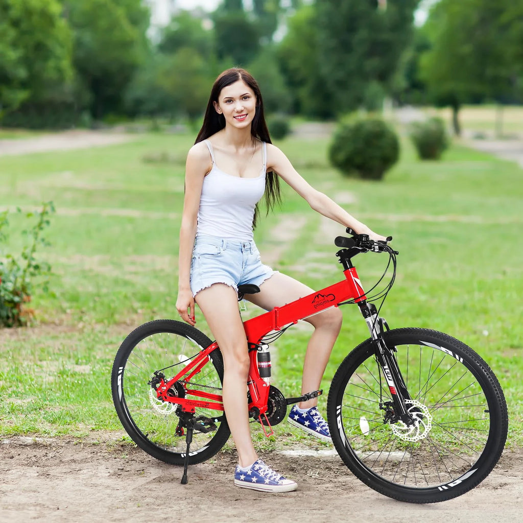Folding Mountain Bike 21-Speed 26 inch Wheels Red O47706
