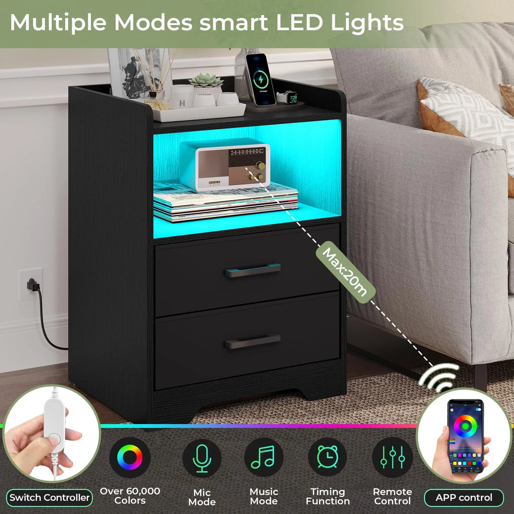 Black Set of 2 Nightstand with Outlets USB Ports LED Lights and 2 Fabric Drawers B529