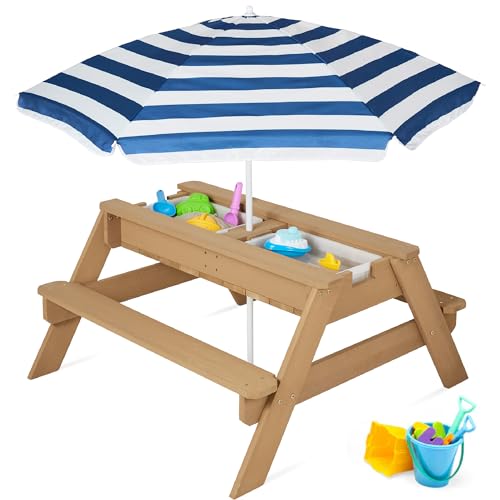 Kids 3-in-1 Sand & Water Table Wood Picnic Table with Umbrella F27085