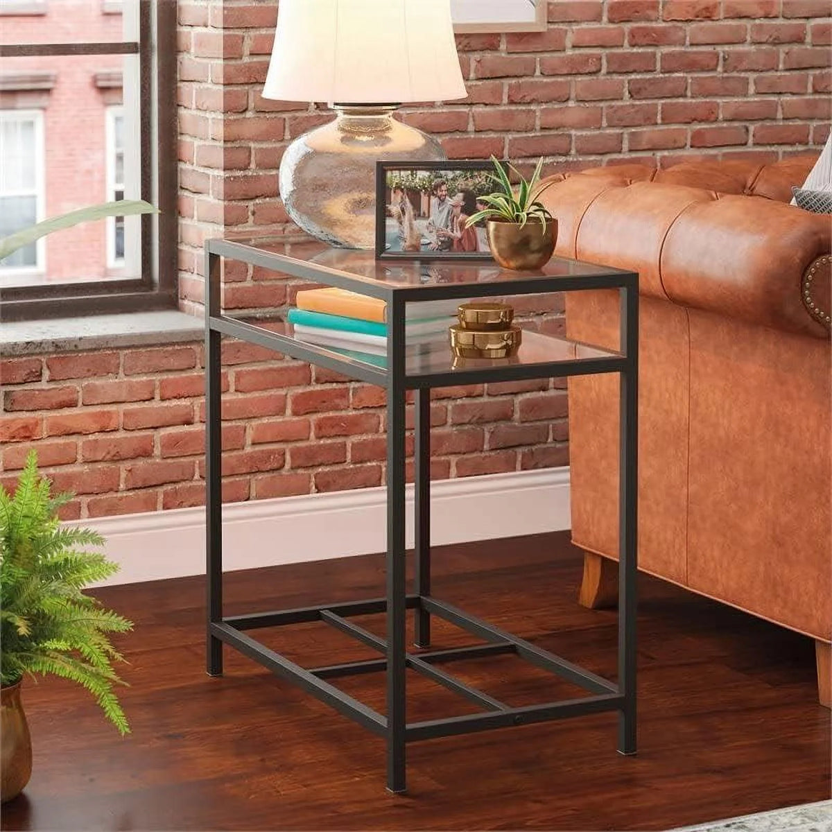 Black Metal End Table with Tempered Glass Top N10043