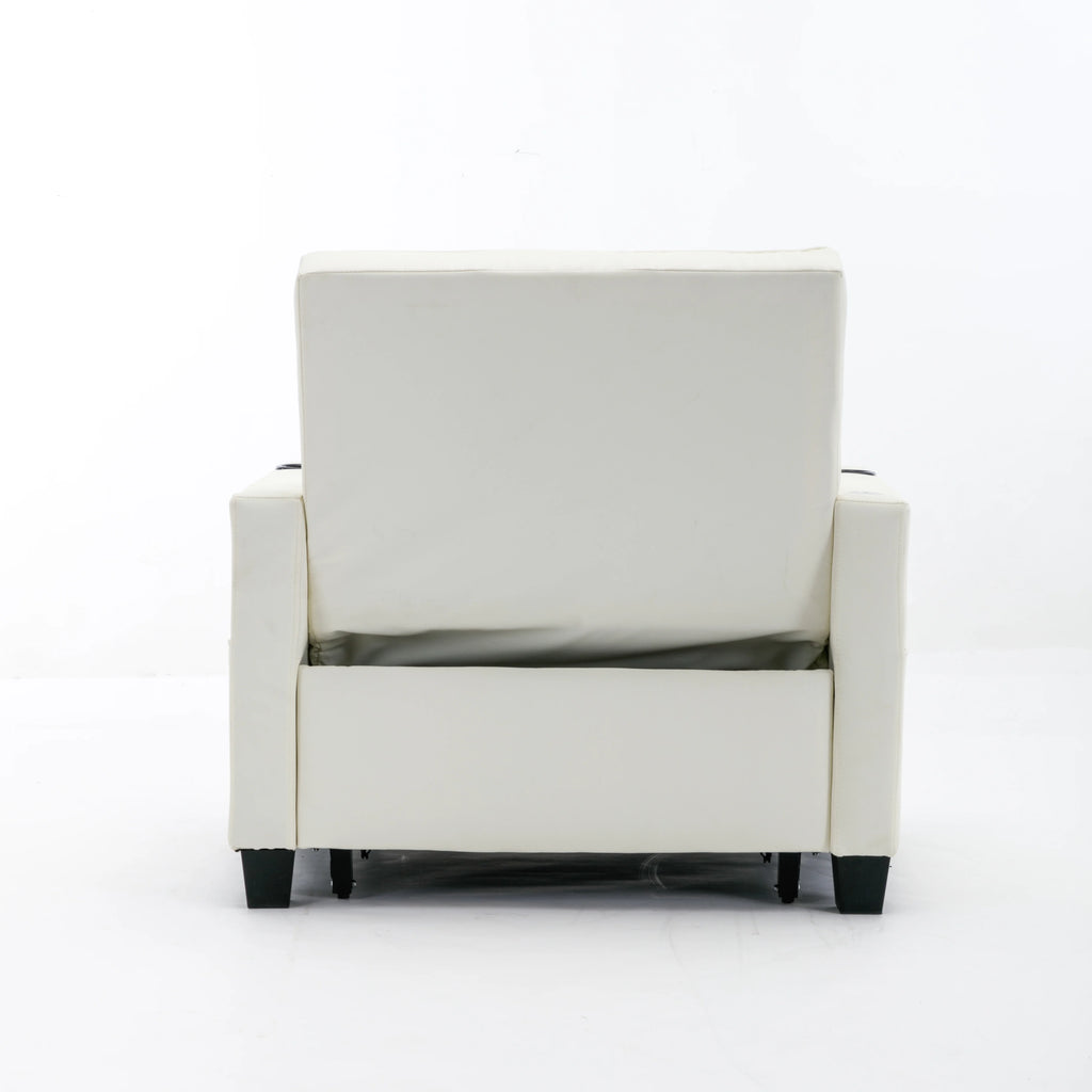 White Leather 3-In-1 Convertible Sleeper Chair Bed with USB Ports E97273