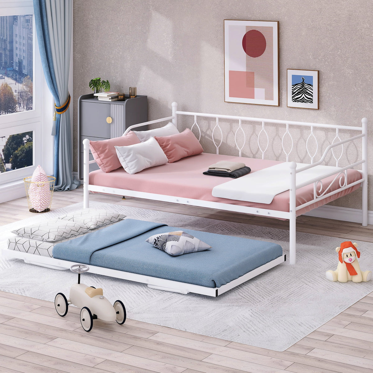 Full Size White Metal Daybed with Twin Size Adjustable Trundle H3124
