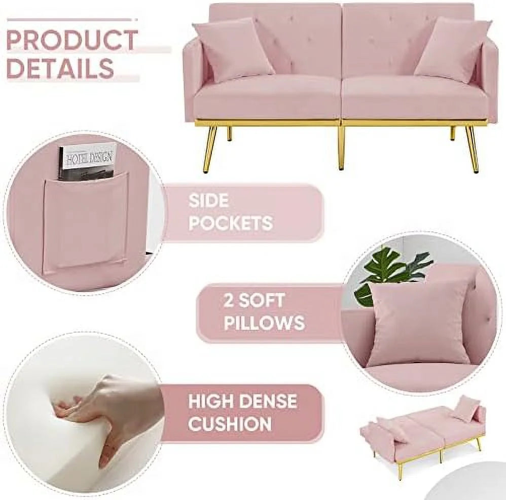 Convertible Futon Sofa Bed 59-inch Velvet Sleeper Sofa with Two Pillows P97236