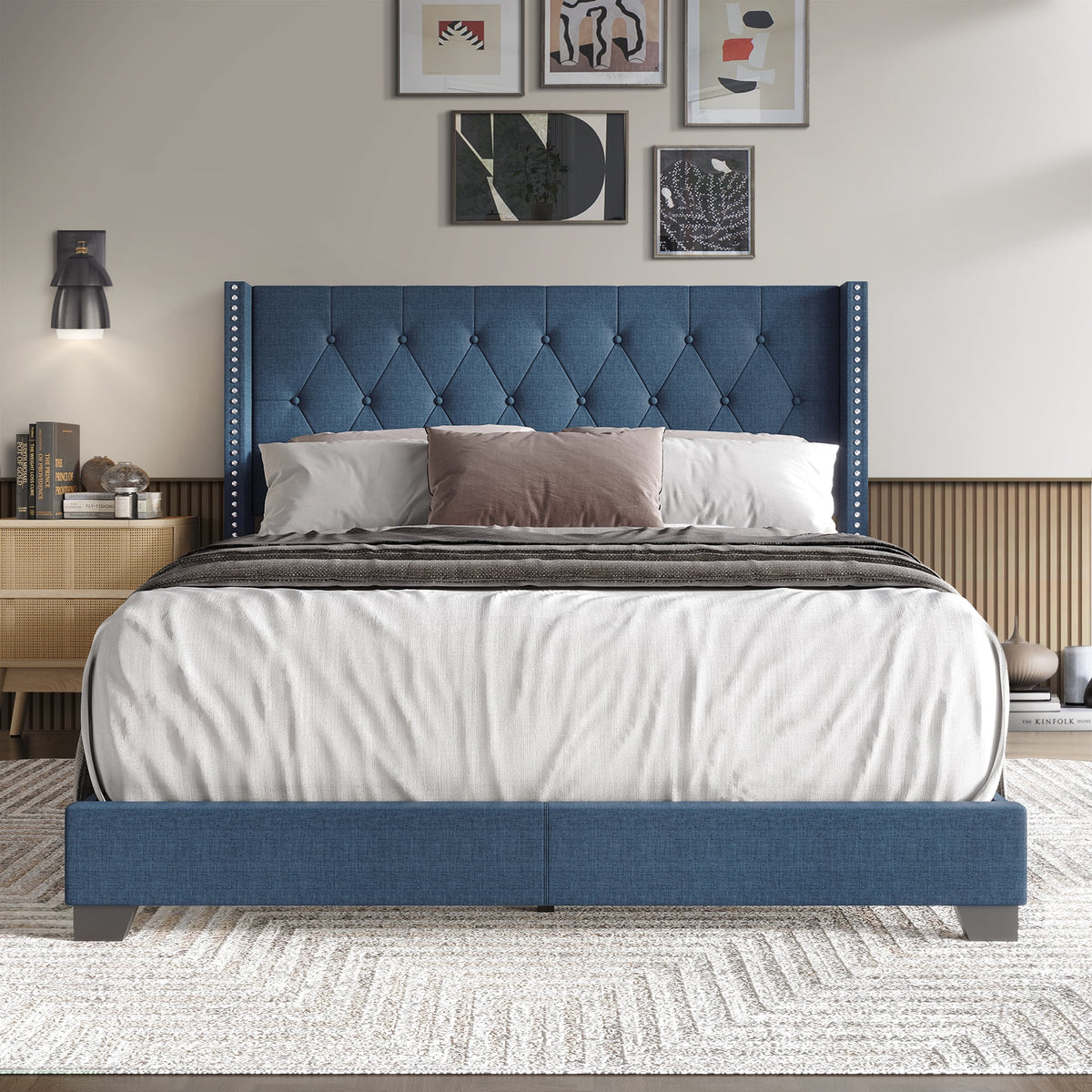 Blue Linen Upholstered Wingback Bed M1022