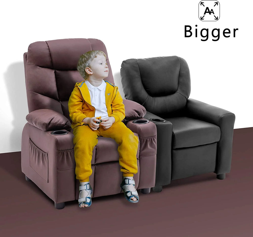 Light Brown Faux Leather Kids Recliner Chair with Cup Holders I6869