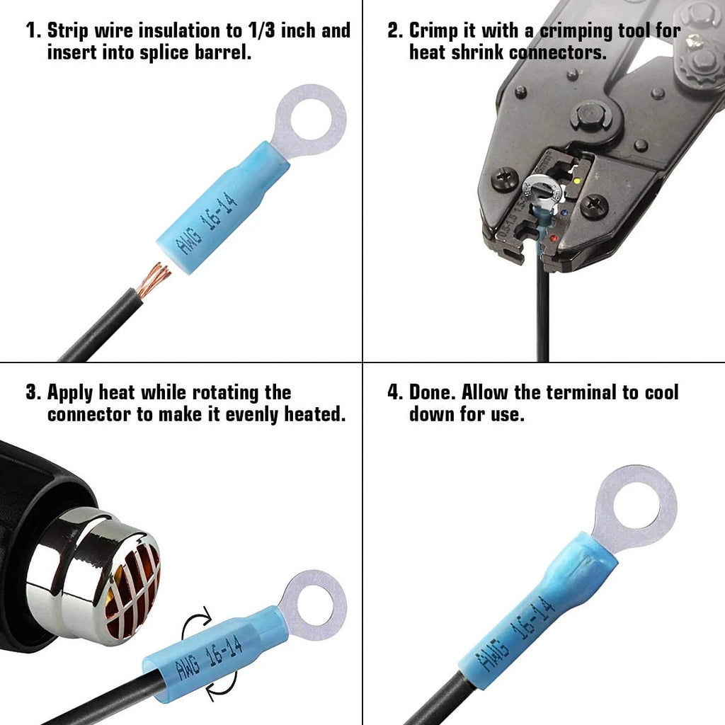 150PCS Heat Shrink Crimp Ring Connectors #10 Blue 16-14 AWG Q72818